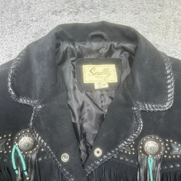 Vintage Scully Jacket Womens M Black Leather Western Fringe Studded Beaded Suede - Picture 6 of 16
